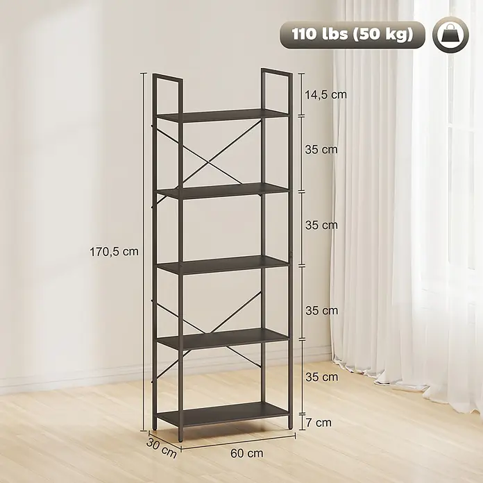 Homcom Holzregal - H x B x T: 170,5 x 30 x 30 cm, Traglast pro Boden: 10 kg, Anzahl Böden: 5 Stk., Schrauben, Schwarz - Schwarzes Metallregal mit 5 Ebenen, 170,5 cm hoch, 60 cm breit, 30 cm tief. Max. Belastung 50 kg.