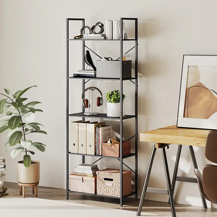 Homcom Holzregal - H x B x T: 170,5 x 30 x 30 cm, Traglast pro Boden: 10 kg, Anzahl Böden: 5 Stk., Schrauben, Schwarz - Schwarzes Metall-5-Regal-Bücherregal, gefüllt mit Büchern, Pflanzen und Deko, als funktionale Aufbewahrungseinheit im Raum.