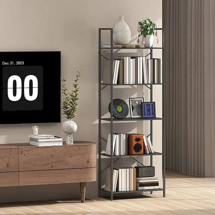Homcom Holzregal - H x B x T: 170,5 x 30 x 30 cm, Traglast pro Boden: 10 kg, Anzahl Böden: 5 Stk., Schrauben, Schwarz - Hohes, dunkelgraues Metallregal mit sechs Böden, gefüllt mit Büchern und Deko, in einem modernen Wohnraum.