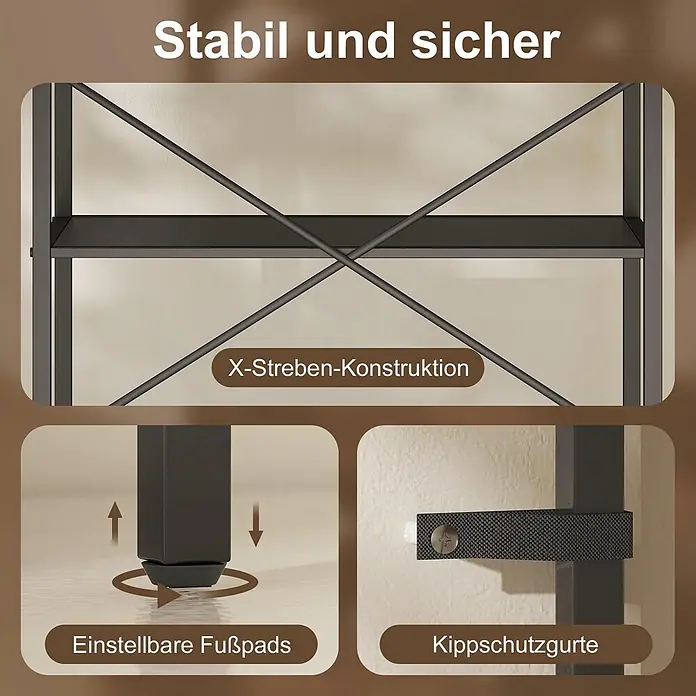 Homcom Holzregal - H x B x T: 170,5 x 30 x 30 cm, Traglast pro Boden: 10 kg, Anzahl Böden: 5 Stk., Schrauben, Schwarz - Dunkelgraues Metallregal mit X-Streben-Konstruktion, verstellbaren Fußpads und Kippschutzgurten für Stabilität und Sicherheit.