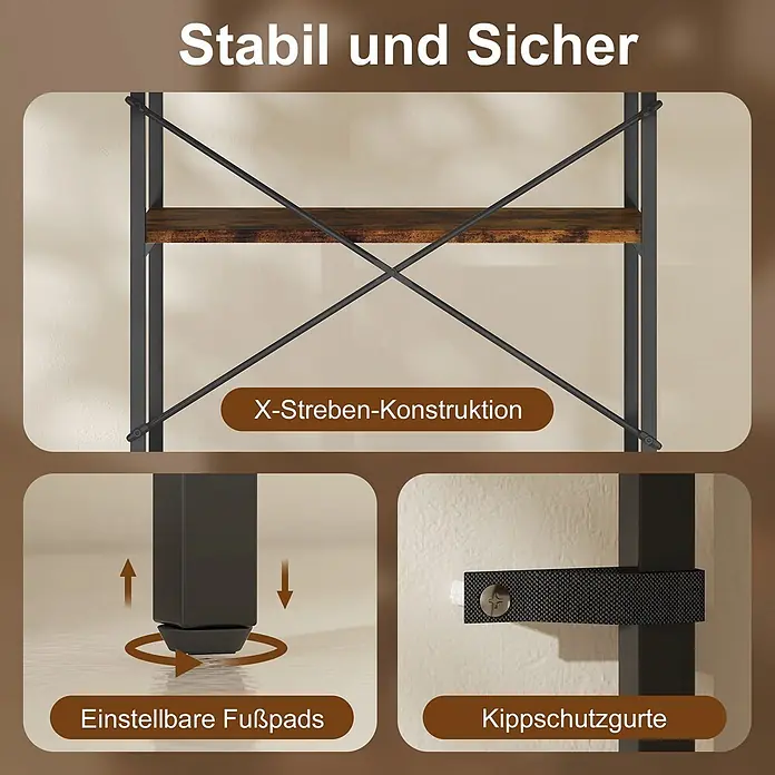 Homcom Holzregal - H x B x T: 161 x 35 x 35 cm, Traglast pro Boden: 10 kg, Anzahl Böden: 5 Stk., Schrauben, Rustikal-Braun - Schwarzmetall-Holzregal mit X-Streben, verstellbaren Fußpads und Kippschutzgurten für Stabilität und Sicherheit.