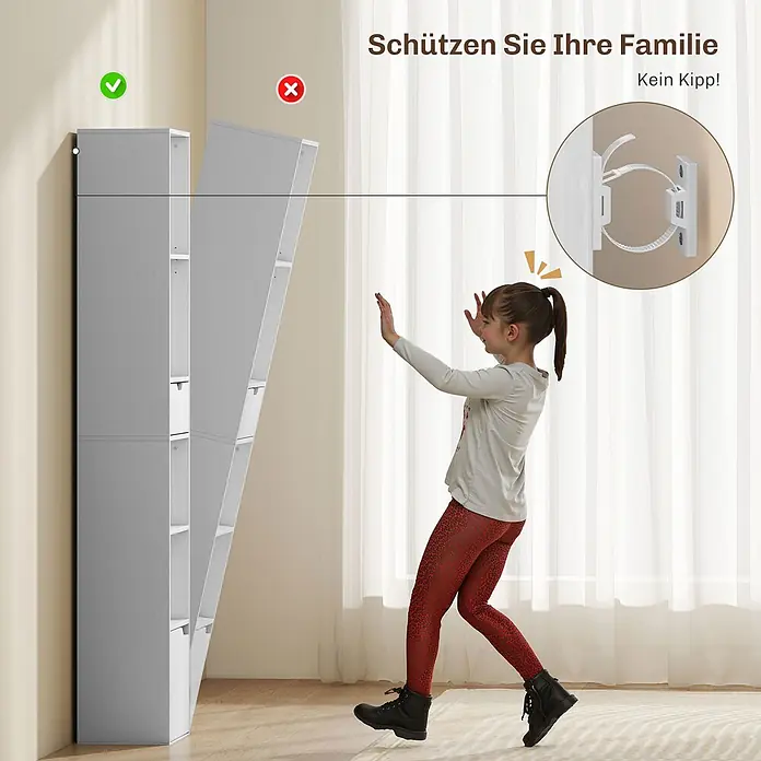Homcom Holzregal - H x B x T: 158 x 24 x 24 cm, Traglast pro Boden: 5 kg, Anzahl Böden: 5 Stk., Schrauben, Weiß - Hohes graues Bücherregal, dargestellt mit und ohne Kippschutz-Wandbefestigung, um Kinder vor dem Umkippen zu schützen. Detailansicht des weißen Sicherheitsbügels.