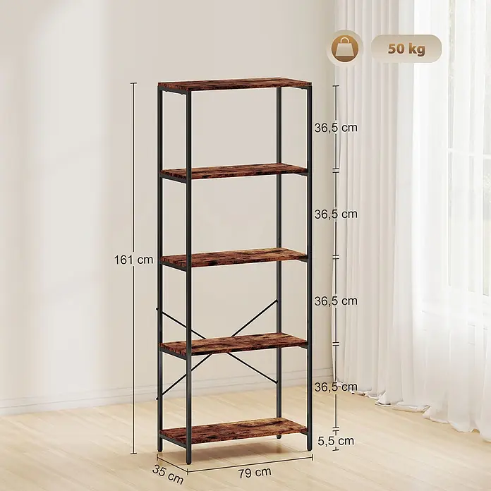 Homcom Holzregal - H x B x T: 161 x 35 x 35 cm, Traglast pro Boden: 10 kg, Anzahl Böden: 5 Stk., Schrauben, Rustikal-Braun - Ein hohes, 5-stufiges Bücherregal im Industriestil mit dunklem Metallrahmen und rustikalen Holzregalen, 161x79x35 cm.