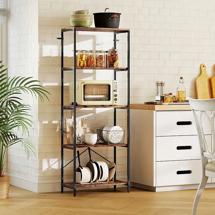 Homcom Holzregal - H x B x T: 161 x 35 x 35 cm, Traglast pro Boden: 10 kg, Anzahl Böden: 5 Stk., Schrauben, Rustikal-Braun - Hohes Küchenregal mit dunklem Metallgestell und rustikalen Holzregalböden, zur Aufbewahrung von Mikrowelle, Gläsern und Töpfen.