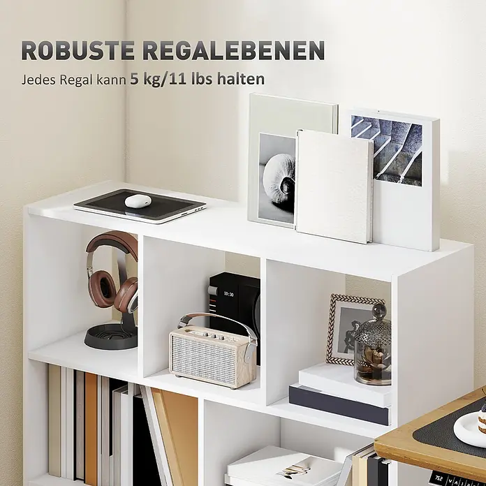Homcom Holzregal - Traglast pro Boden: 16 kg, Anzahl Böden: 3 Stk., Schrauben, Weiß - Weißes Kubusregal organisiert Bücher, Tablet, Kopfhörer und Deko. Jedes Regal trägt 5 kg.