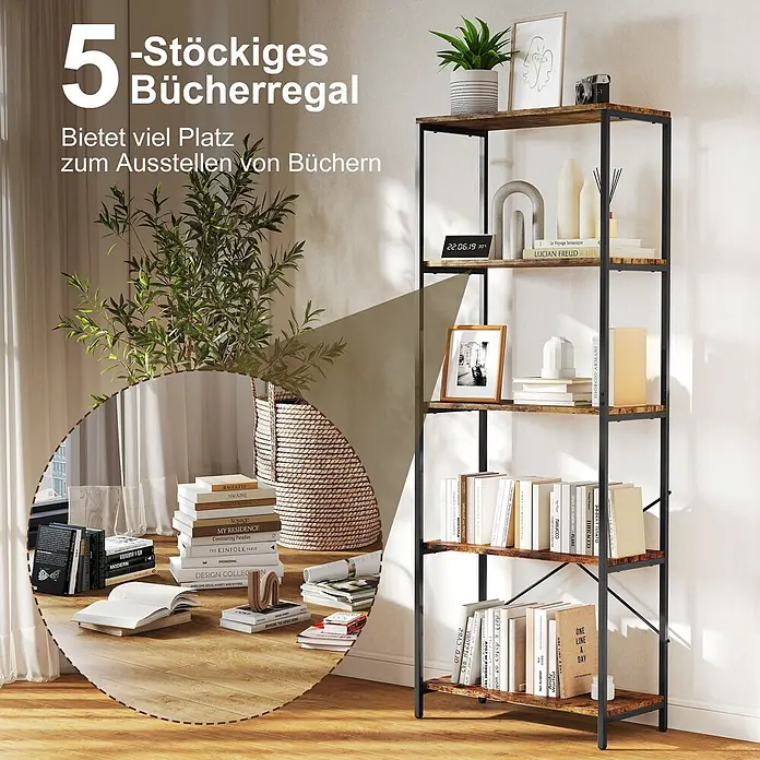 Homcom Holzregal - H x B x T: 161 x 35 x 35 cm, Traglast pro Boden: 10 kg, Anzahl Böden: 5 Stk., Schrauben, Rustikal-Braun - Industrielles 5-stöckiges Bücherregal mit Holzoptik-Böden und schwarzem Metallrahmen, gefüllt mit Büchern und Deko in einem Raum.