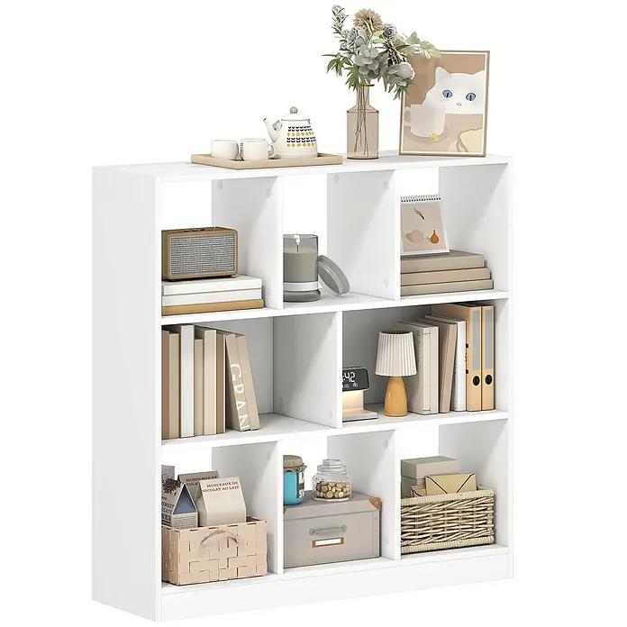 Homcom Holzregal - Traglast pro Boden: 16 kg, Anzahl Böden: 3 Stk., Schrauben, Weiß - Weißes Würfelregal mit 9 Fächern, gefüllt mit Büchern, Deko und Aufbewahrungsboxen, vielseitig einsetzbar.
