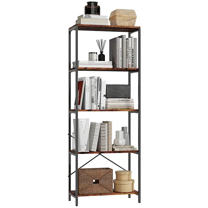 Homcom Holzregal - H x B x T: 161 x 35 x 35 cm, Traglast pro Boden: 10 kg, Anzahl Böden: 5 Stk., Schrauben, Rustikal-Braun - Hohes Bücherregal im Industriestil mit fünf dunklen Holzablagen und schwarzem Metallrahmen, gefüllt mit Büchern und Dekoration.