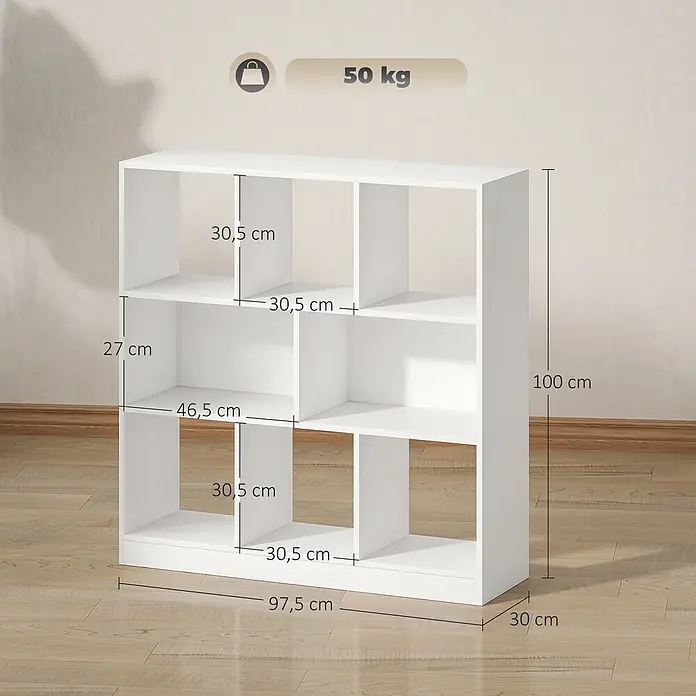 Homcom Holzregal - Traglast pro Boden: 16 kg, Anzahl Böden: 3 Stk., Schrauben, Weiß - Weißes modulares Bücherregal mit neun Fächern, 97,5x100x30 cm, Tragfähigkeit 50 kg.