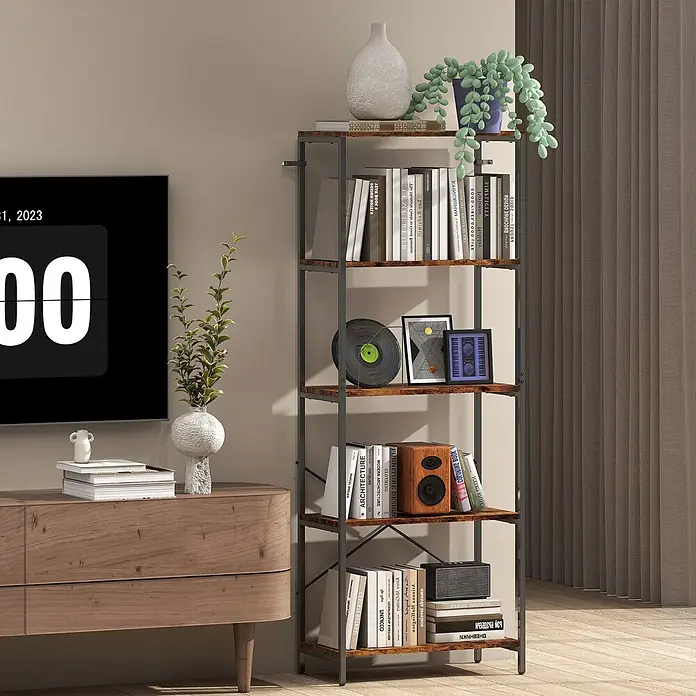 Homcom Holzregal - H x B x T: 161 x 35 x 35 cm, Traglast pro Boden: 10 kg, Anzahl Böden: 5 Stk., Schrauben, Rustikal-Braun - Hohes, schmales Bücherregal im Industriestil mit dunklem Metallrahmen und rustikalen Holzoptik-Böden, gefüllt mit Büchern und Deko im Wohnzimmer.