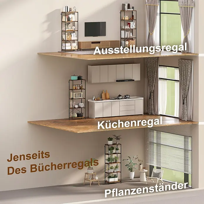 Homcom Holzregal - H x B x T: 161 x 35 x 35 cm, Traglast pro Boden: 10 kg, Anzahl Böden: 5 Stk., Schrauben, Rustikal-Braun - Hohes, schmales Regal mit schwarzem Metallrahmen und Holzoptikböden, gezeigt als Ausstellungsregal, Küchenorganizer und Pflanzenständer.