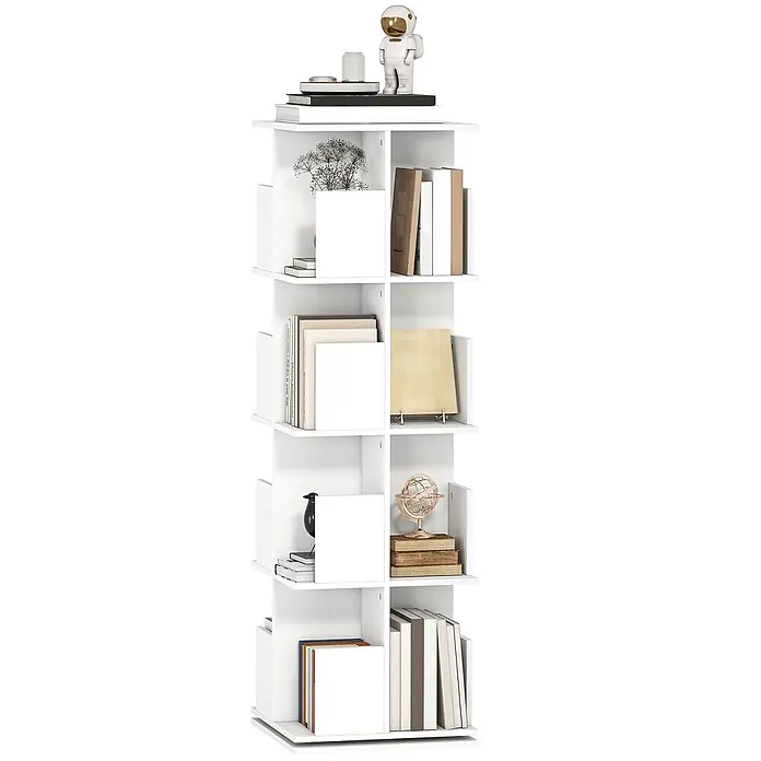 Homcom Holzregal - H x B x T: 128,3 x 39 x 39 cm, Traglast pro Boden: 2,4 kg, Anzahl Böden: 17 Stk., Weiß - Weißes drehbares Bücherregal mit mehreren offenen Fächern, gefüllt mit Büchern und Dekorationsartikeln.