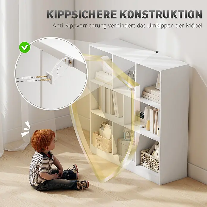 Homcom Holzregal - Traglast pro Boden: 16 kg, Anzahl Böden: 3 Stk., Schrauben, Weiß - Weißes Regal mit Anti-Kippvorrichtung, die ein Umfallen des Möbels verhindert und Sicherheit für Kinder bietet.