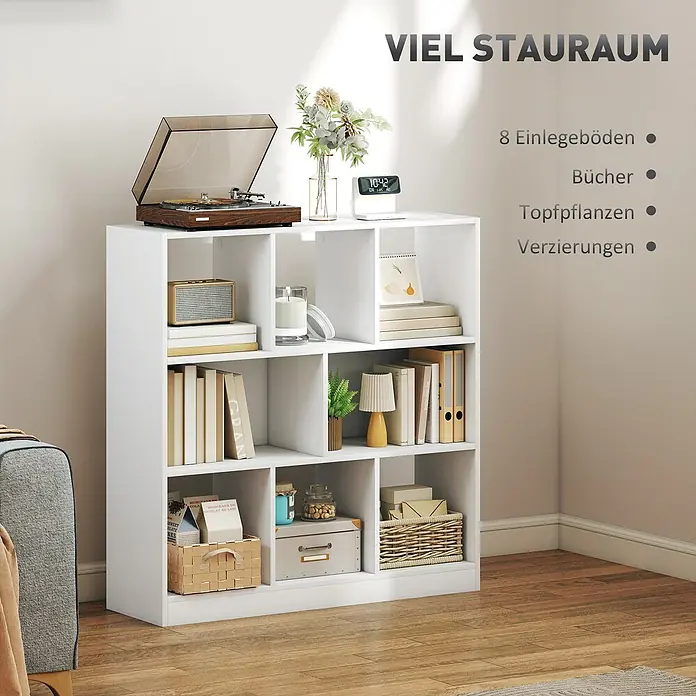 Homcom Holzregal - Traglast pro Boden: 16 kg, Anzahl Böden: 3 Stk., Schrauben, Weiß - Weißes modulares Regal mit vielen offenen Fächern, gefüllt mit Büchern, Deko und persönlichen Gegenständen, zeigt vielseitigen Stauraum.
