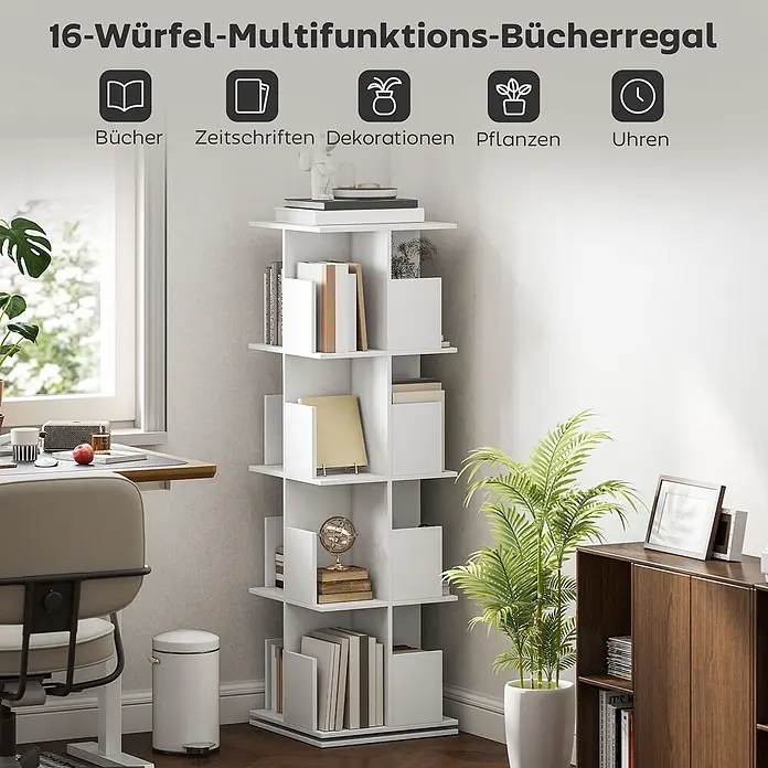 Homcom Holzregal - H x B x T: 128,3 x 39 x 39 cm, Traglast pro Boden: 2,4 kg, Anzahl Böden: 17 Stk., Weiß - Weißes 16-Würfel-Multifunktions-Bücherregal mit Büchern, Zeitschriften, Deko, Pflanzen und Uhren in einem Raum.