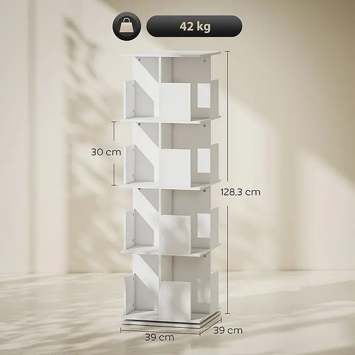 Homcom Holzregal - H x B x T: 128,3 x 39 x 39 cm, Traglast pro Boden: 2,4 kg, Anzahl Böden: 17 Stk., Weiß - Weißes drehbares Bücherregal mit mehreren Fächern, 128,3 cm hoch, 39 cm breit, 42 kg schwer.