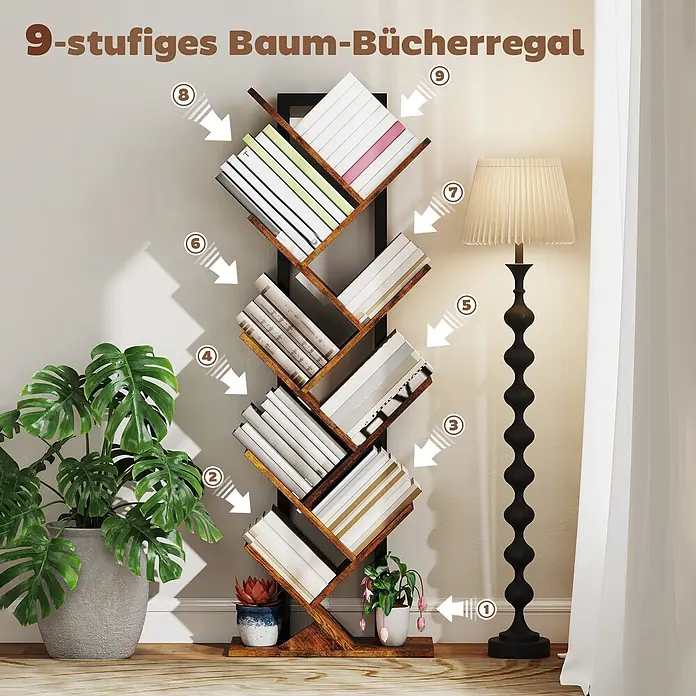 Homcom Holzregal - H x B x T: 136 x 24 x 24 cm, Traglast pro Boden: 3 kg, Anzahl Böden: 9 Stk., Schrauben, Rustikal-Braun - 9-stufiges Baum-Bücherregal aus braunem Holz mit schwarzem Rahmen, gefüllt mit Büchern.