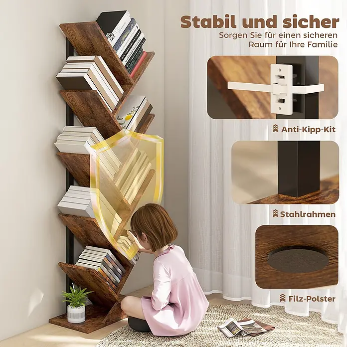 Homcom Holzregal - H x B x T: 136 x 24 x 24 cm, Traglast pro Boden: 3 kg, Anzahl Böden: 9 Stk., Schrauben, Rustikal-Braun - Holzfarbenes, baumförmiges Bücherregal mit Kind; hebt Kippschutz, Stahlrahmen und Filzgleiter für Stabilität hervor.