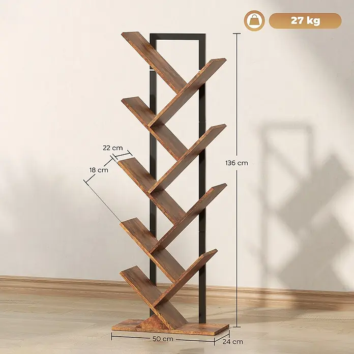 Homcom Holzregal - H x B x T: 136 x 24 x 24 cm, Traglast pro Boden: 3 kg, Anzahl Böden: 9 Stk., Schrauben, Rustikal-Braun - Modernes baumförmiges Bücherregal mit dunklen Holzoptik-Böden und schwarzem Metallrahmen.