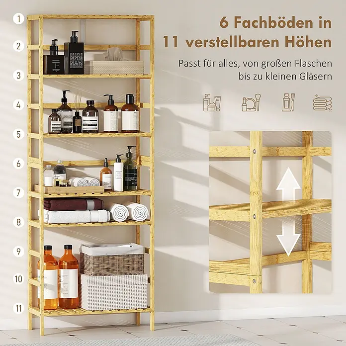 Homcom Holzregal - H x B x T: 161 x 26 x 26 cm, Traglast pro Boden: 6 kg, Anzahl Böden: 6 Stk., Naturholz - Hohes Bambusregal mit 6 verstellbaren Einlegeböden und 11 Höhenoptionen, passend für verschiedene Gegenstände.