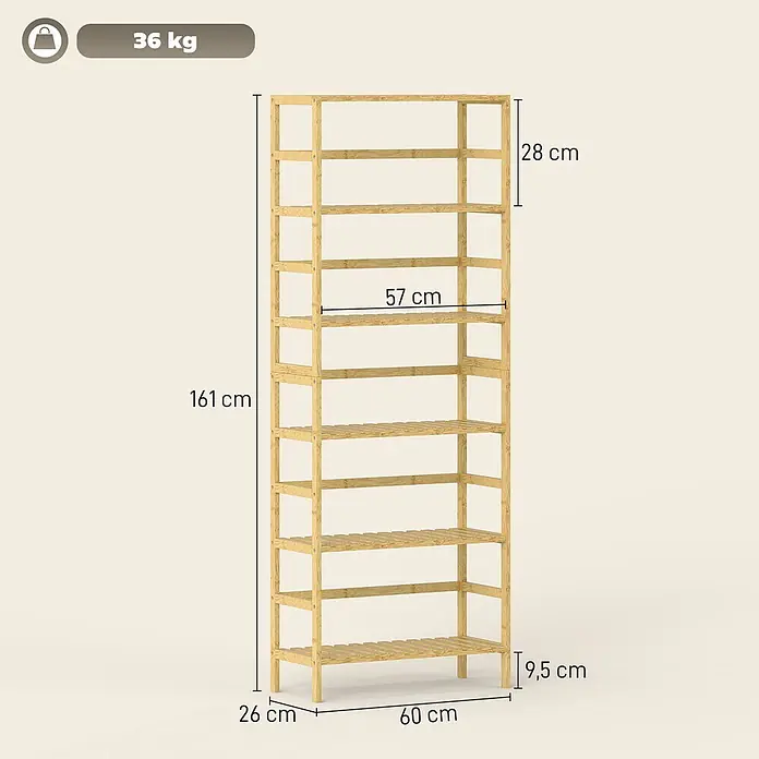 Homcom Holzregal - H x B x T: 161 x 26 x 26 cm, Traglast pro Boden: 6 kg, Anzahl Böden: 6 Stk., Naturholz - Hohes, schmales Regal aus hellem Holz mit 10 Ebenen, 161 cm hoch, zur vielseitigen Aufbewahrung.