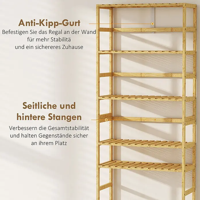 Homcom Holzregal - H x B x T: 161 x 26 x 26 cm, Traglast pro Boden: 6 kg, Anzahl Böden: 6 Stk., Naturholz - Hohes Bambusregal mit Kippschutzgurt und stabilisierenden Seiten- und Rückstangen für Sicherheit.