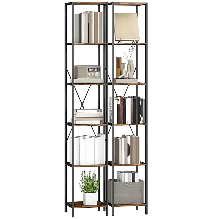 Homcom Holzregal - Traglast pro Boden: 4 kg, Anzahl Böden: 6 Stk., Schrauben, Rustikal-Braun - Industrielles hohes Doppelregal mit schwarzem Metallrahmen und rustikalen braunen Holzablagen, gefüllt mit Büchern und Deko.