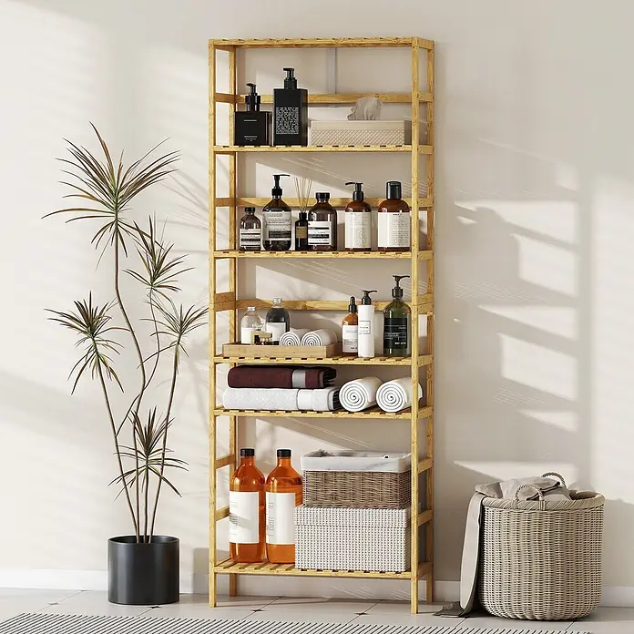 Homcom Holzregal - H x B x T: 161 x 26 x 26 cm, Traglast pro Boden: 6 kg, Anzahl Böden: 6 Stk., Naturholz - Hohes Bambusregal mit Badprodukten, Handtüchern und Körben für organisierte Aufbewahrung im Badezimmer.