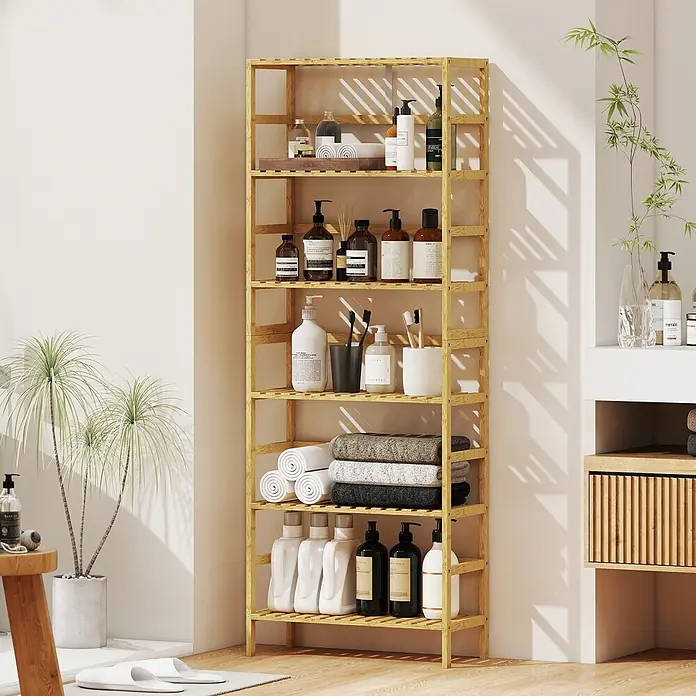 Homcom Holzregal - H x B x T: 161 x 26 x 26 cm, Traglast pro Boden: 6 kg, Anzahl Böden: 6 Stk., Naturholz - Hohes Bambus-Badezimmerregal für Toilettenartikel und ordentlich gefaltete Handtücher.