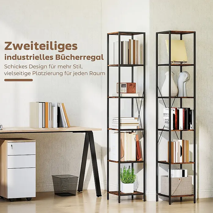 Homcom Holzregal - Traglast pro Boden: 4 kg, Anzahl Böden: 6 Stk., Schrauben, Rustikal-Braun - Zweiteiliges Bücherregal im Industriestil mit schwarzem Metallrahmen und braunen Holzablagen, in einem Raum neben einem Schreibtisch.