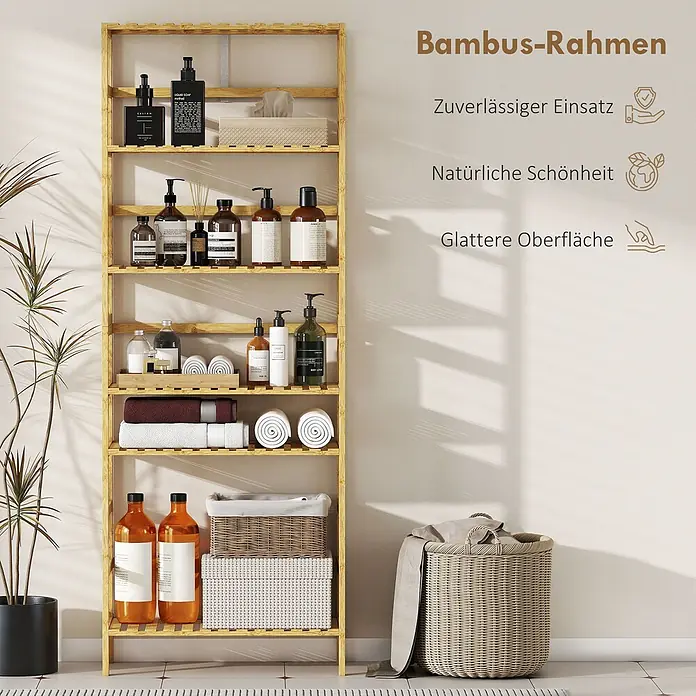 Homcom Holzregal - H x B x T: 161 x 26 x 26 cm, Traglast pro Boden: 6 kg, Anzahl Böden: 6 Stk., Naturholz - Bambus-Regal für Badutensilien. Das mehrstufige Regal bietet Stauraum für Flaschen und Handtücher.