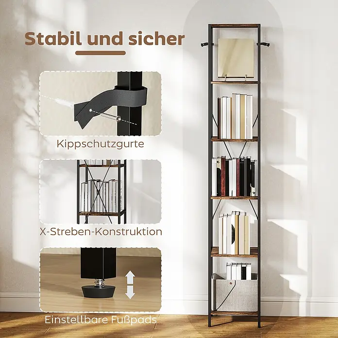Homcom Holzregal - Traglast pro Boden: 4 kg, Anzahl Böden: 6 Stk., Schrauben, Rustikal-Braun - Hohes schmales Bücherregal mit dunklem Metallrahmen und Holzregalböden, das Kippschutz, X-Streben und verstellbare Füße für Stabilität zeigt.
