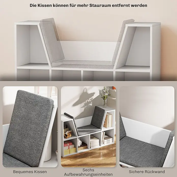 Homcom Holzregal - Traglast pro Boden: 5 kg, Anzahl Böden: 6 Stk., Schrauben, Weiß - Weiße modulare Aufbewahrungsbank mit abnehmbaren grauen Kissen und sechs Staufächern.