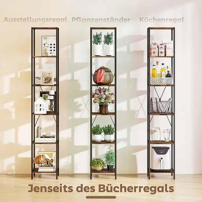 Homcom Holzregal - Traglast pro Boden: 4 kg, Anzahl Böden: 6 Stk., Schrauben, Rustikal-Braun - Drei hohe Industrieregale mit schwarzem Metallrahmen und Holzablagen, als Ausstellungsregal, Pflanzenständer und Küchenregal genutzt.