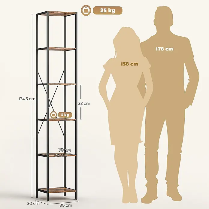 Homcom Holzregal - Traglast pro Boden: 4 kg, Anzahl Böden: 6 Stk., Schrauben, Rustikal-Braun - Hohes, schmales Industrieregal (174,5x30x30cm) mit dunklem Metallrahmen und Holzregalböden, neben Personen zur Größenreferenz.