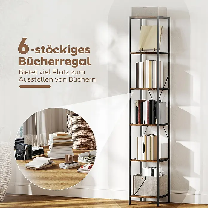 Homcom Holzregal - Traglast pro Boden: 4 kg, Anzahl Böden: 6 Stk., Schrauben, Rustikal-Braun - 6-stöckiges Bücherregal mit schwarzem Metallrahmen und braunen Ablagen, gefüllt mit Büchern in einem Wohnraum.