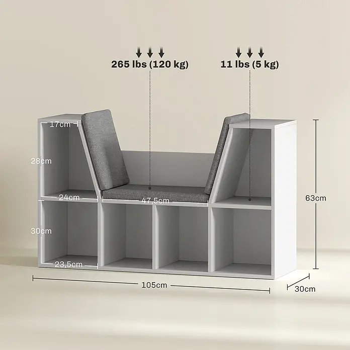Homcom Holzregal - Traglast pro Boden: 5 kg, Anzahl Böden: 6 Stk., Schrauben, Weiß - Weiße Aufbewahrungsbank mit grauen Kissen und mehreren Fächern.