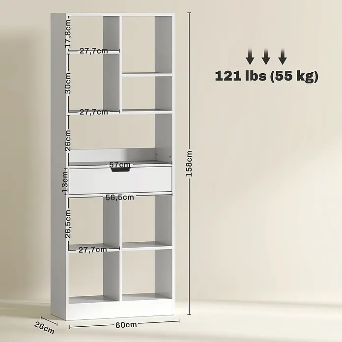 Homcom Holzregal - Traglast pro Boden: 6 kg, Anzahl Böden: 9 Stk., Schrauben, Weiß - Weißes modulares Bücherregal mit Fächern und einer Schublade; Maße und Gewicht (55 kg) angegeben.