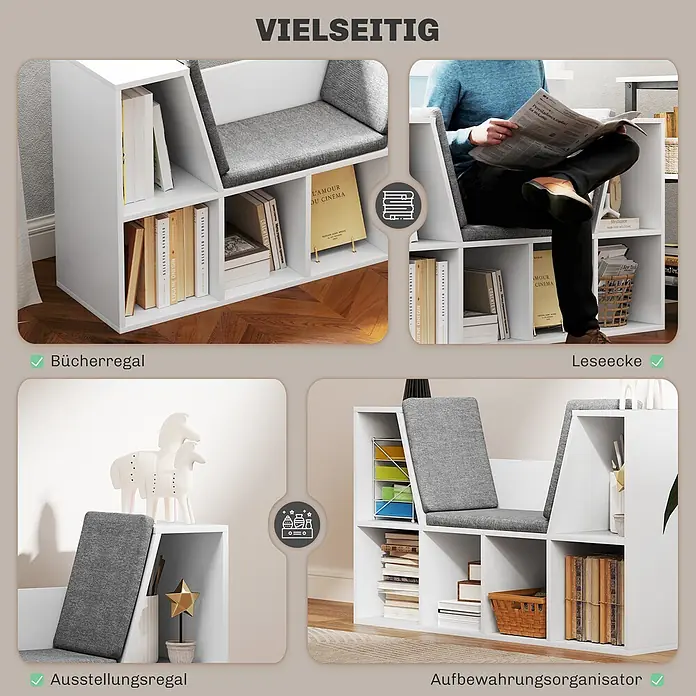 Homcom Holzregal - Traglast pro Boden: 5 kg, Anzahl Böden: 6 Stk., Schrauben, Weiß - Weißes Modulregal mit grauem Sitz, vielseitig als Bücherregal, Leseecke, Ausstellungs- und Aufbewahrungslösung gezeigt.