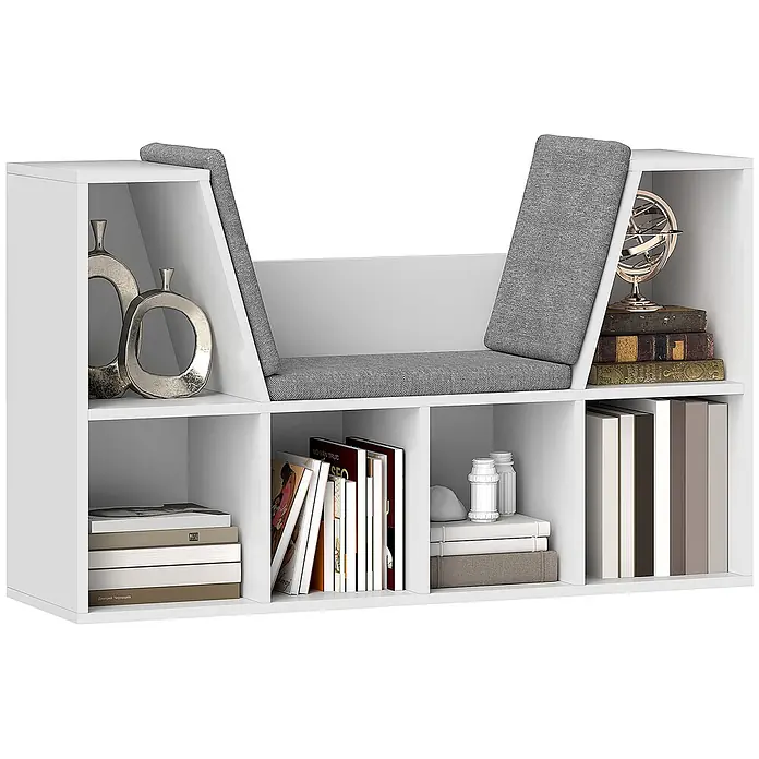 Homcom Holzregal - Traglast pro Boden: 5 kg, Anzahl Böden: 6 Stk., Schrauben, Weiß - Weißes Bücherregal mit integrierter grauer gepolsterter Leseecke, bietet Stauraum und Sitzgelegenheit.
