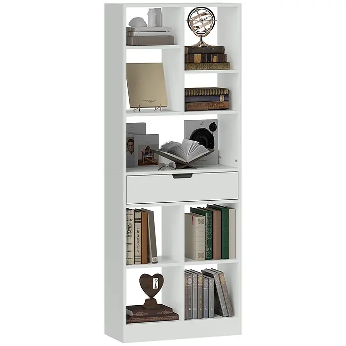Homcom Holzregal - Traglast pro Boden: 6 kg, Anzahl Böden: 9 Stk., Schrauben, Weiß - Weißes hohes Bücherregal mit mehreren offenen Fächern und einer zentralen Schublade, gefüllt mit Büchern und Deko.