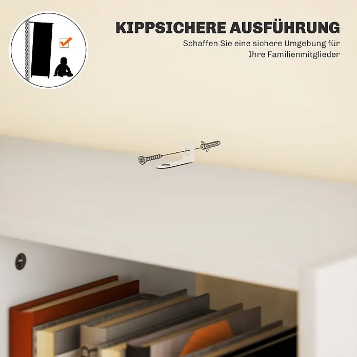 Homcom Holzregal - Traglast pro Boden: 6 kg, Anzahl Böden: 9 Stk., Schrauben, Weiß - Weißer Kippschutz aus Metall mit Schrauben, sichert ein Regal an der Wand für Kindersicherheit.