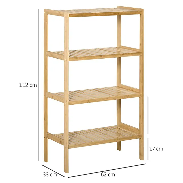Homcom Holzregal - Traglast pro Boden: 10 kg, Anzahl Böden: 4 Stk., Schrauben, Naturholz - Natürliches Bambus-Standregal mit 4 Etagen und Lattenrost-Design, Maße 112x62x33 cm.