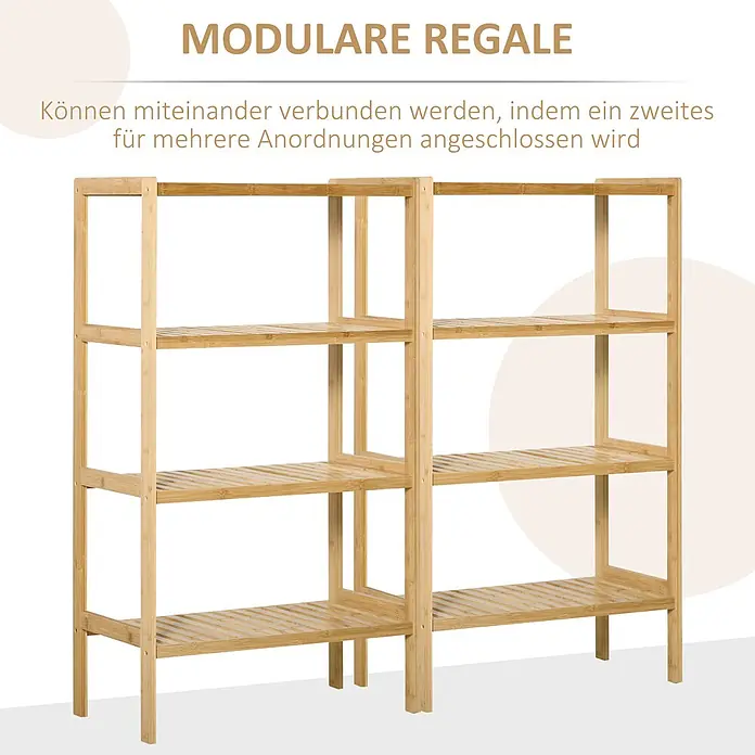 Homcom Holzregal - Traglast pro Boden: 10 kg, Anzahl Böden: 4 Stk., Schrauben, Naturholz - Zwei modulare Regale aus hellem Bambusholz, verbindbar für flexible Aufbewahrung.