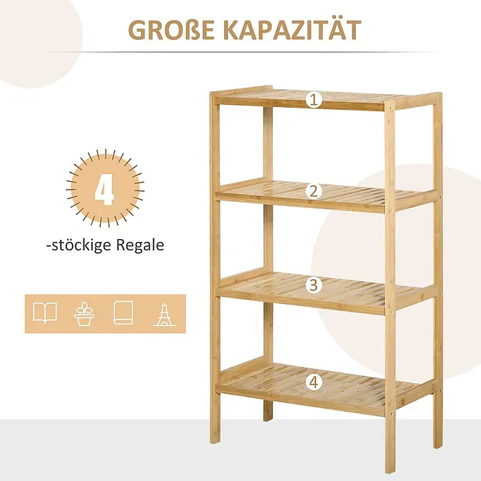 Homcom Holzregal - Traglast pro Boden: 10 kg, Anzahl Böden: 4 Stk., Schrauben, Naturholz - Natürliches Bambusregal mit 4 Ebenen für vielseitige Aufbewahrung.