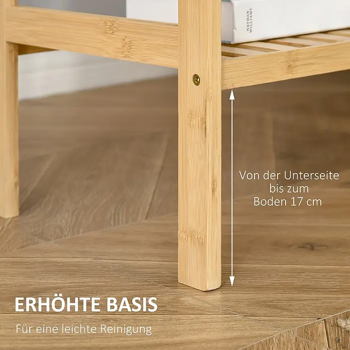 Homcom Holzregal - Traglast pro Boden: 10 kg, Anzahl Böden: 4 Stk., Schrauben, Naturholz - Unterer Teil eines Bambusregals mit erhöhter Basis, 17 cm Bodenfreiheit, für leichte Reinigung.