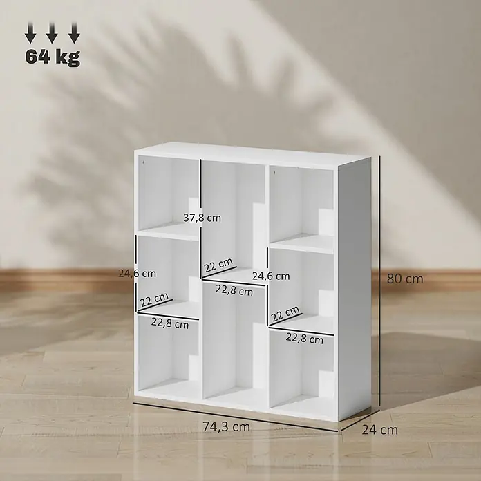 Homcom Holzregal - H x B x T: 80 x 24 x 24 cm, Traglast pro Boden: 8 kg, Anzahl Böden: 8 Stk., Schrauben, Weiß - Weißes modulares Regal mit mehreren Fächern, Abmessungen (74,3x24x80 cm) und 64 kg Traglast.