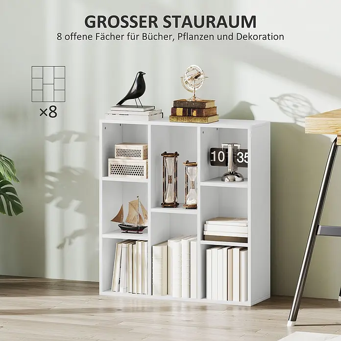 Homcom Holzregal - H x B x T: 80 x 24 x 24 cm, Traglast pro Boden: 8 kg, Anzahl Böden: 8 Stk., Schrauben, Weiß - Weißes Bücherregal mit 8 offenen Fächern, gefüllt mit Büchern, Pflanzen und Dekoration, in einem modernen Raum.
