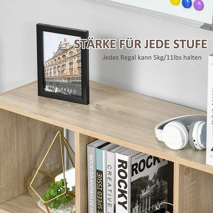 Homcom Holzregal - Traglast pro Boden: 16 kg, Anzahl Böden: 3 Stk., Schrauben, Eiche - Hellbraunes Regal in Holzoptik mit mehreren Fächern, ideal für Bücher und Deko. Jedes Fach trägt 5kg/11lbs.