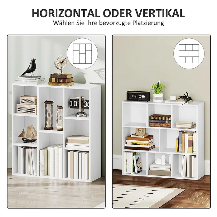 Homcom Holzregal - H x B x T: 80 x 24 x 24 cm, Traglast pro Boden: 8 kg, Anzahl Böden: 8 Stk., Schrauben, Weiß - Vielseitiges weißes Würfelregal, vertikal und horizontal aufgestellt, zeigt verschiedene Aufbewahrungsmöglichkeiten.